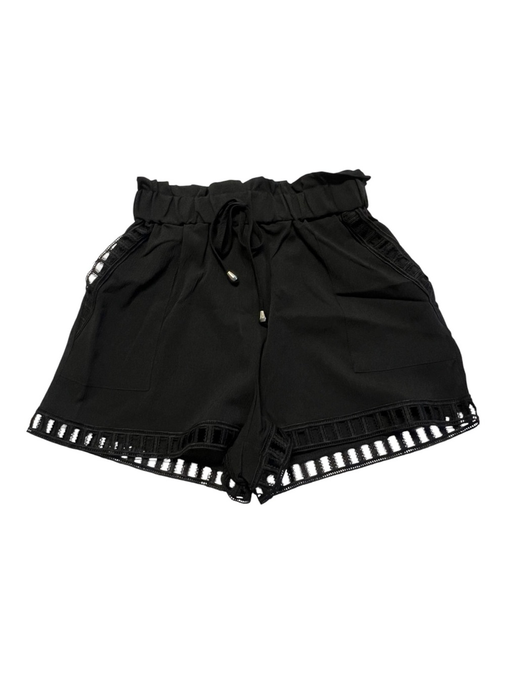 NWOT Black Paperbag Waist Shorts Hollow Out Hem Detail | Size M - Picture 2 of 9